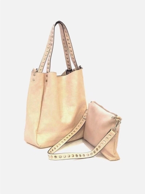 Torebka Typu Shopper, długie uchwyty z ćwiekami plus mała torebka  crema di cammello 