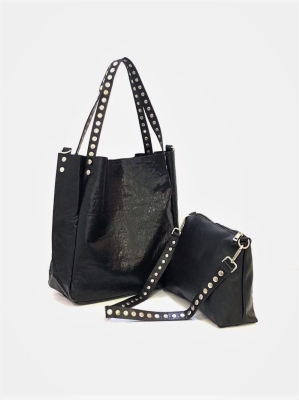 Komplet - Torebka Typu Shopper, długie uchwyty z ćwiekami, mała torebka  czarna