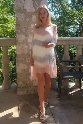 Sukienka jedwabna Ombre z halką rękawy - nietoperz 